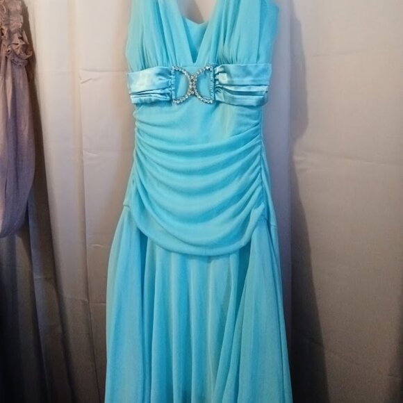 TABOO Formal Dress sz M Chiffon Midi Halter Aqua Blue sexy Wedding Prom Stretch! - Picture 6 of 11